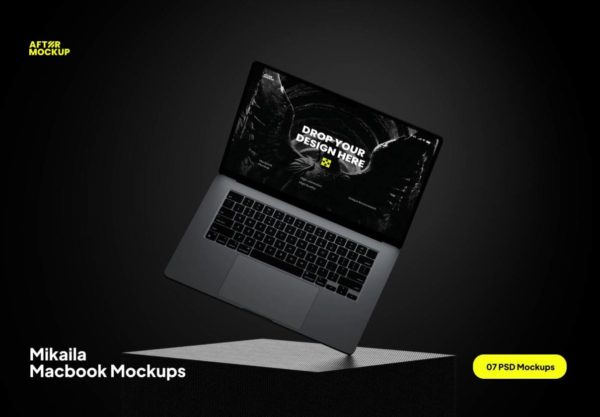 7款黑化风苹果MacBook笔记本电脑演示效果图Ps贴图样机模板素材 Mikaila Macbook Mockups
