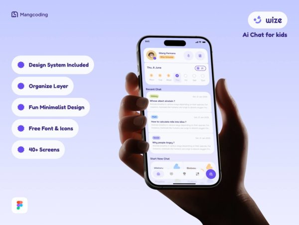 40+屏AI智能聊天卡通趣味儿童聊天app应用程序ui界面设计figma模板素材 Wize – Friendly AI Chat Buddy for Child’s特色图 40+屏AI智能聊天卡通趣味儿童聊天app应用程序ui界面设计figma模板素材 Wize – Friendly AI Chat Buddy for Child’s