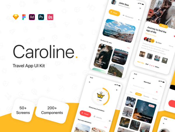 50+屏简约旅游旅行景点手机应用程序app界面ui设计figma模板套件 Caroline – Travel App UI Kit特色图 50+屏简约旅游旅行景点手机应用程序app界面ui设计figma模板套件 Caroline – Travel App UI Kit