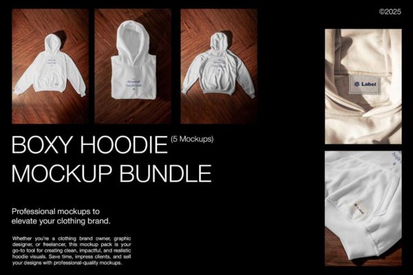 5款木质地板连衣帽卫衣帽衫印花logo设计展示样机mockup模板psd素材 Boxy Hoodie Mockup Bundle