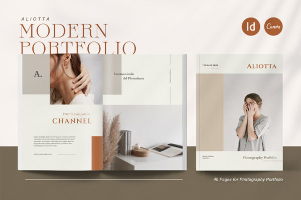 40页简约优雅A4莫兰迪配色品牌手册杂志画册图文排版设计ID模板素材 Canva Modern Portfolio | Aliotta