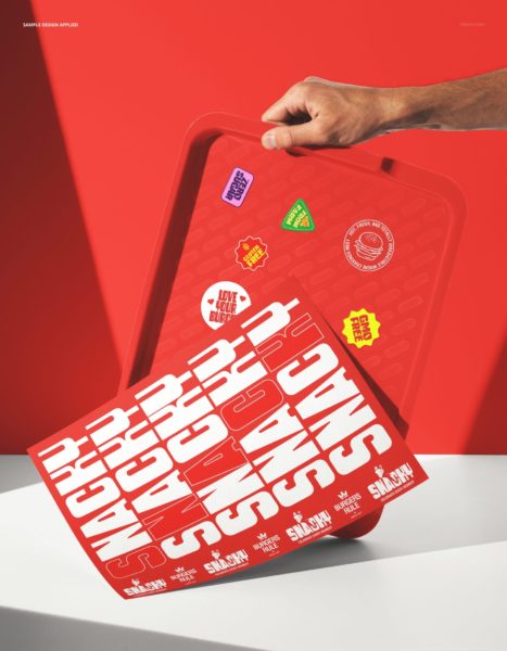 1款汉堡快餐餐盘海报贴纸设计展示vi贴图psd样机模板素材 Fast Food Tray with Stickers Mockup