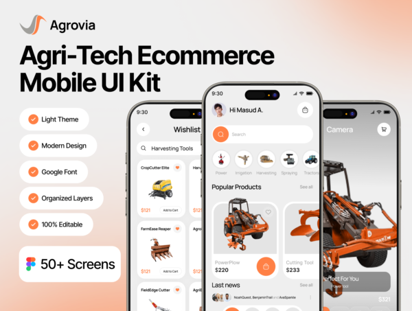 50+屏农业农具农用机械设备科技电商移动app应用程序figma模板ui套件设计素材 Agri-Tech Ecommerce Mobile UI Kit – Agrovia特色图 50+屏农业农具农用机械设备科技电商移动app应用程序figma模板ui套件设计素材 Agri-Tech Ecommerce Mobile UI Kit – Agrovia