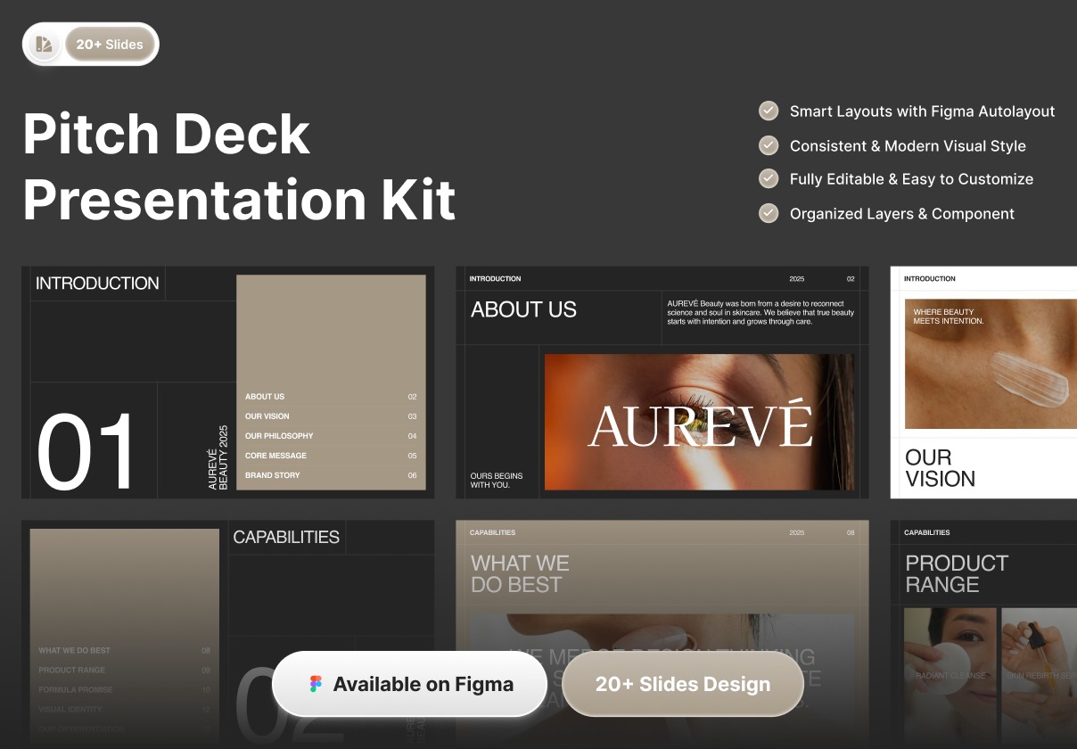 25页企业品牌营销介绍项目策划提案幻灯片设计figma/ppt模板素材 Aureve – Pitch Deck Kit特色图 25页企业品牌营销介绍项目策划提案幻灯片设计figma/ppt模板素材 Aureve – Pitch Deck Kit