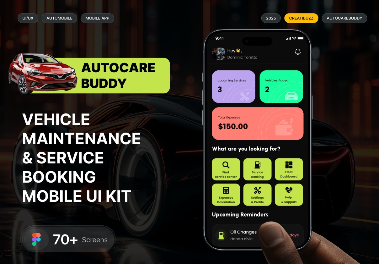 70+屏双配色汽车保养修理洗车护理管理体验应用程序app ui界面设计figma模板 AutoCare Buddy – Vehicle Maintenance & Service Booking Automobile Mobile UI Kit特色图 70+屏双配色汽车保养修理洗车护理管理体验应用程序app ui界面设计figma模板 AutoCare Buddy – Vehicle Maintenance & Service Booking Automobile Mobile UI Kit
