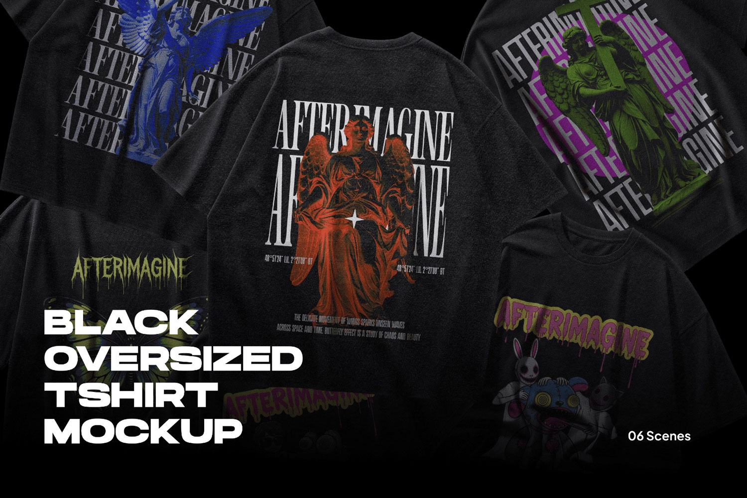 6款嘻哈街头艺术超大T恤印花图案logo设计展示psd效果图样机mockup模板 Black Oversized Tshirt Mockups特色图 6款嘻哈街头艺术超大T恤印花图案logo设计展示psd效果图样机mockup模板 Black Oversized Tshirt Mockups