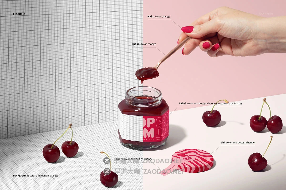 8款真实樱桃水果果酱饮料糖浆咸菜蜂蜜玻璃瓶标签设计ps展示效果图样机模板 Cherry Jam Jar Mockup by Creatsy插图2 8款真实樱桃水果果酱饮料糖浆咸菜蜂蜜玻璃瓶标签设计ps展示效果图样机模板 Cherry Jam Jar Mockup by Creatsy插图2