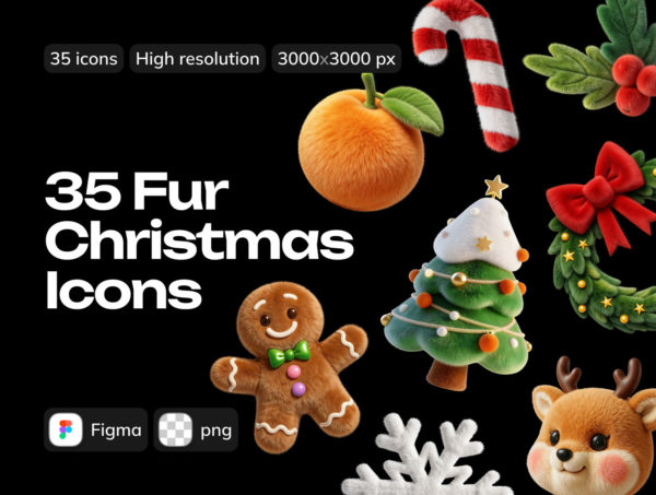 35款圣诞节平安夜新年皮毛毛绒绒3D插图图标icons设计png/figma格式素材 Christmas 3d Fur Plush Icons