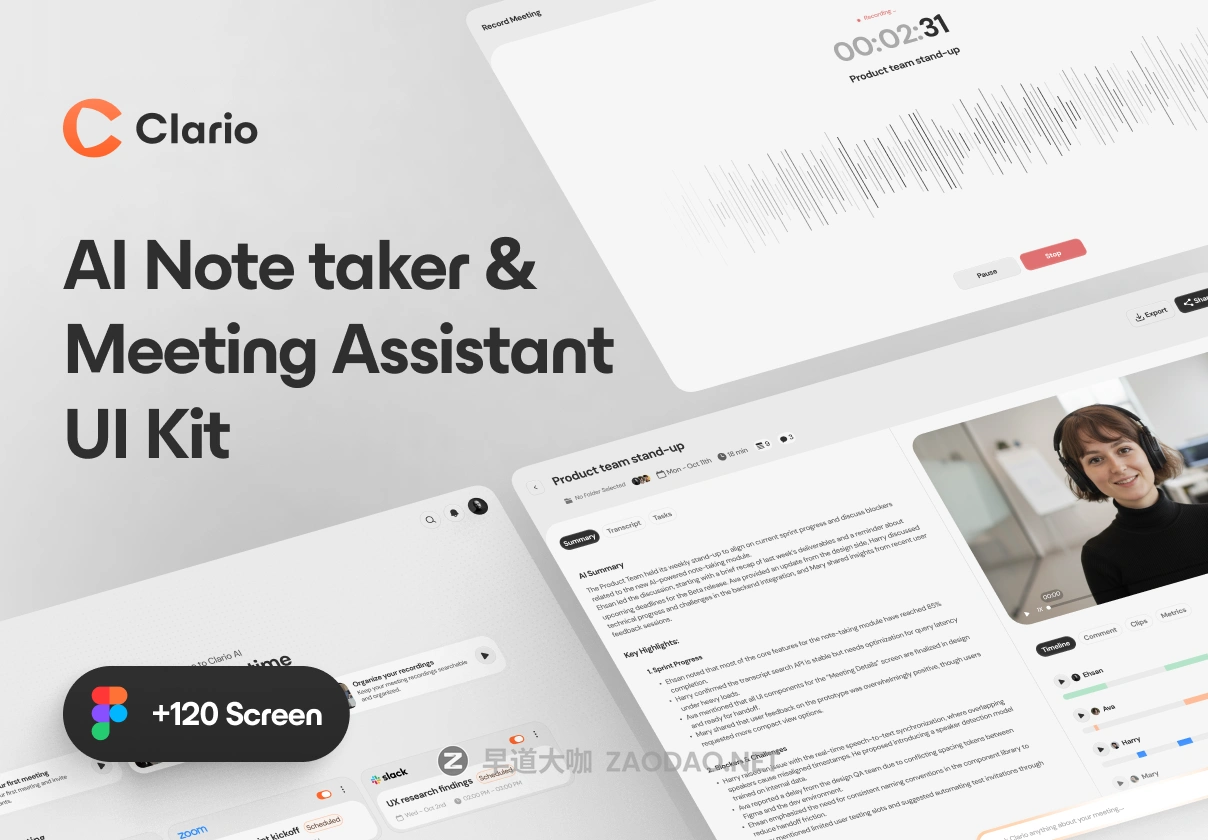 120+屏AI智能会议录制记录管理助理笔记员app应用程序figma模板ui套件设计素材 Clario AI – AI Note taker & Meeting Assistant UI Kit插图 120+屏AI智能会议录制记录管理助理笔记员app应用程序figma模板ui套件设计素材 Clario AI – AI Note taker & Meeting Assistant UI Kit插图
