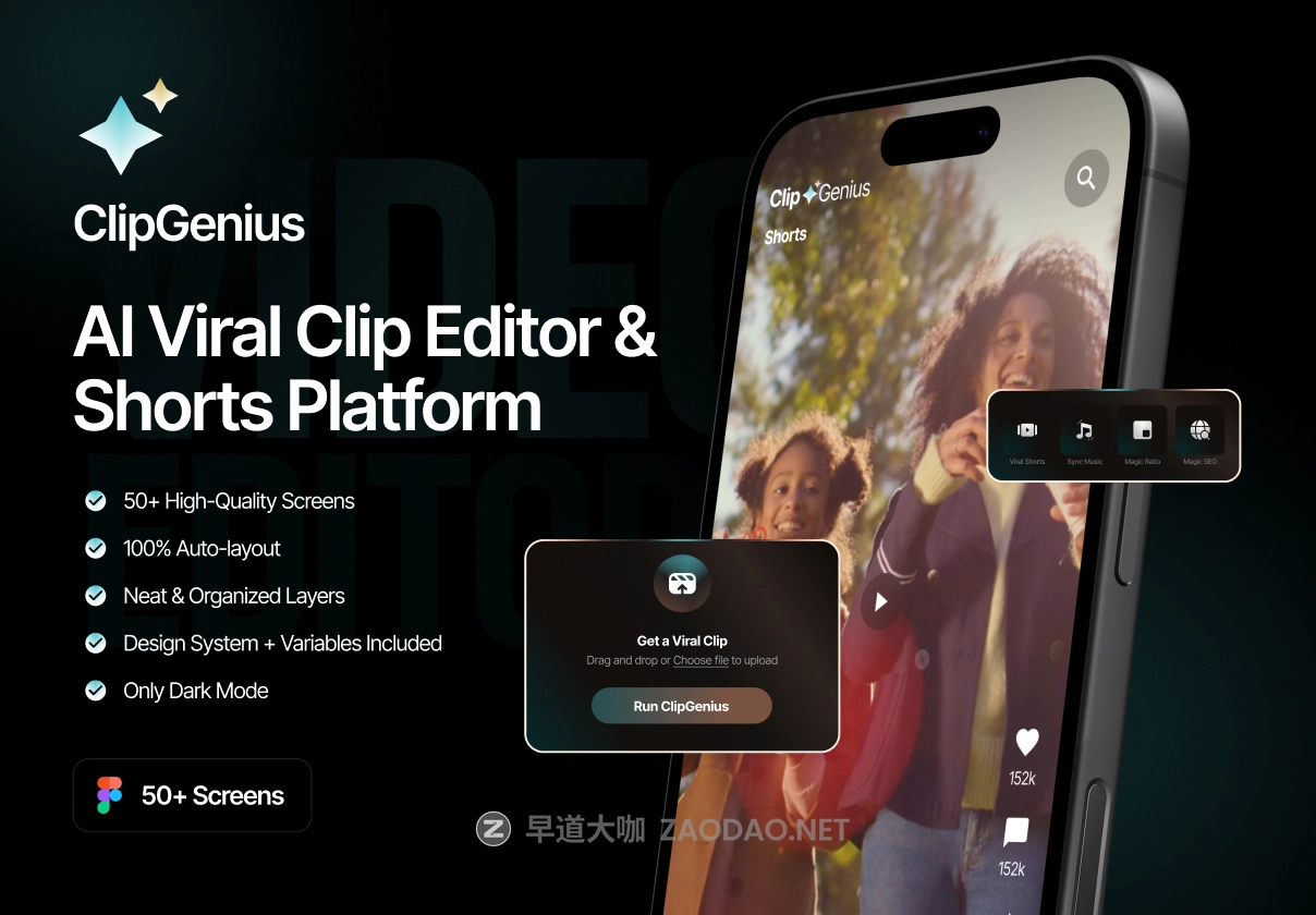 60+屏AI智能视频音频Vlog短视频剪辑创作app应用程序ui界面设计figma模板 ClipGenius – AI Viral Clip Editor & Shorts Platform插图 60+屏AI智能视频音频Vlog短视频剪辑创作app应用程序ui界面设计figma模板 ClipGenius – AI Viral Clip Editor & Shorts Platform插图