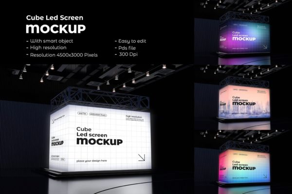 1款时尚展会立方体LED大屏幕画面海报广告设计展示psd样机模板 Cube Led Screen Mockup特色图 1款时尚展会立方体LED大屏幕画面海报广告设计展示psd样机模板 Cube Led Screen Mockup