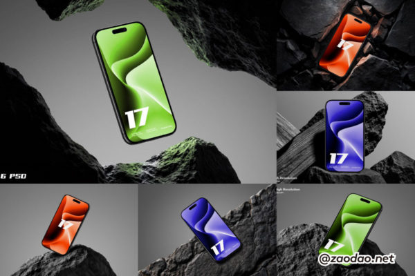 6款石头背景手机ui广告作品集设计苹果iPhone 17 Pro贴图psd样机模板 Dark Theme iPhone 17 Pro Mockup on Stone特色图 6款石头背景手机ui广告作品集设计苹果iPhone 17 Pro贴图psd样机模板 Dark Theme iPhone 17 Pro Mockup on Stone