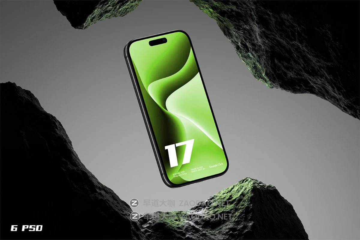 6款石头背景手机ui广告作品集设计苹果iPhone 17 Pro贴图psd样机模板 Dark Theme iPhone 17 Pro Mockup on Stone插图1 6款石头背景手机ui广告作品集设计苹果iPhone 17 Pro贴图psd样机模板 Dark Theme iPhone 17 Pro Mockup on Stone插图1