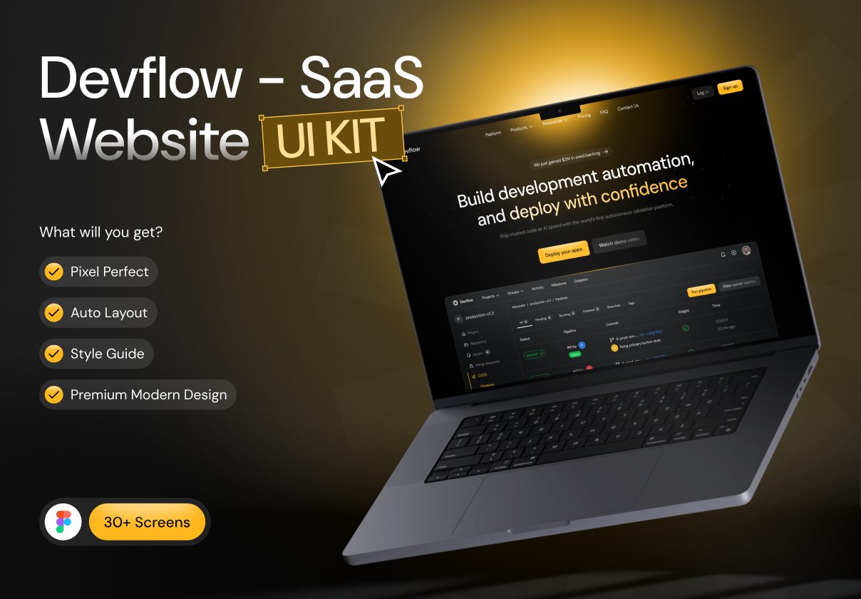 30+屏黑暗CI/CD平台AI 辅助解决方案SaaS服务平台网站ui界面设计figma模板套件 Devflow – SaaS Website UI Kit特色图 30+屏黑暗CI/CD平台AI 辅助解决方案SaaS服务平台网站ui界面设计figma模板套件 Devflow – SaaS Website UI Kit