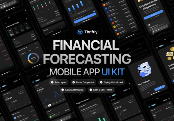 45屏双配色财务理财金融科技股票基金app应用程序figma模板ui界面设计套件 Finance Mobile App UI Kit – Thriftly