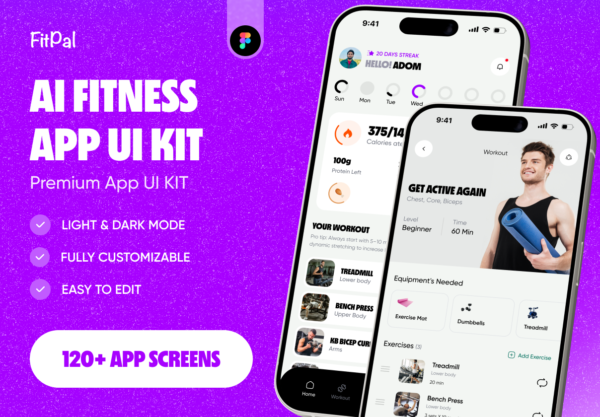 120+屏高端健身健锻炼康膳食规划app应用程序设计figma模板ui界面套件FitPal – Fitness & Meal Planner App UI Kit特色图 120+屏高端健身健锻炼康膳食规划app应用程序设计figma模板ui界面套件FitPal – Fitness & Meal Planner App UI Kit