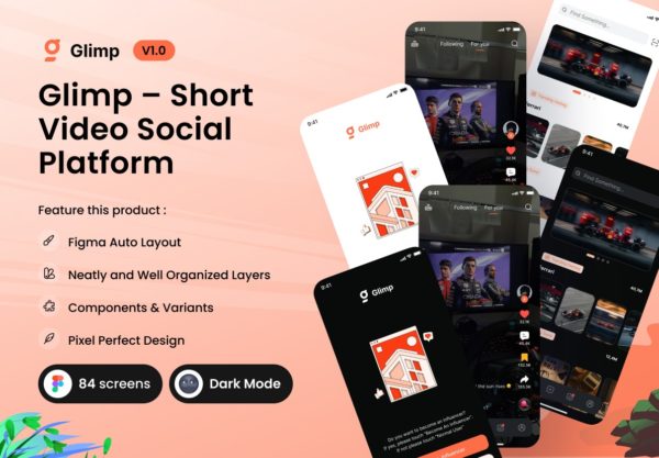 80+屏暗黑社区短视频录制剪辑合成app应用程序ui界面设计figma模板套件 Glimp – Short Video Social Platform (V1)特色图 80+屏暗黑社区短视频录制剪辑合成app应用程序ui界面设计figma模板套件 Glimp – Short Video Social Platform (V1)