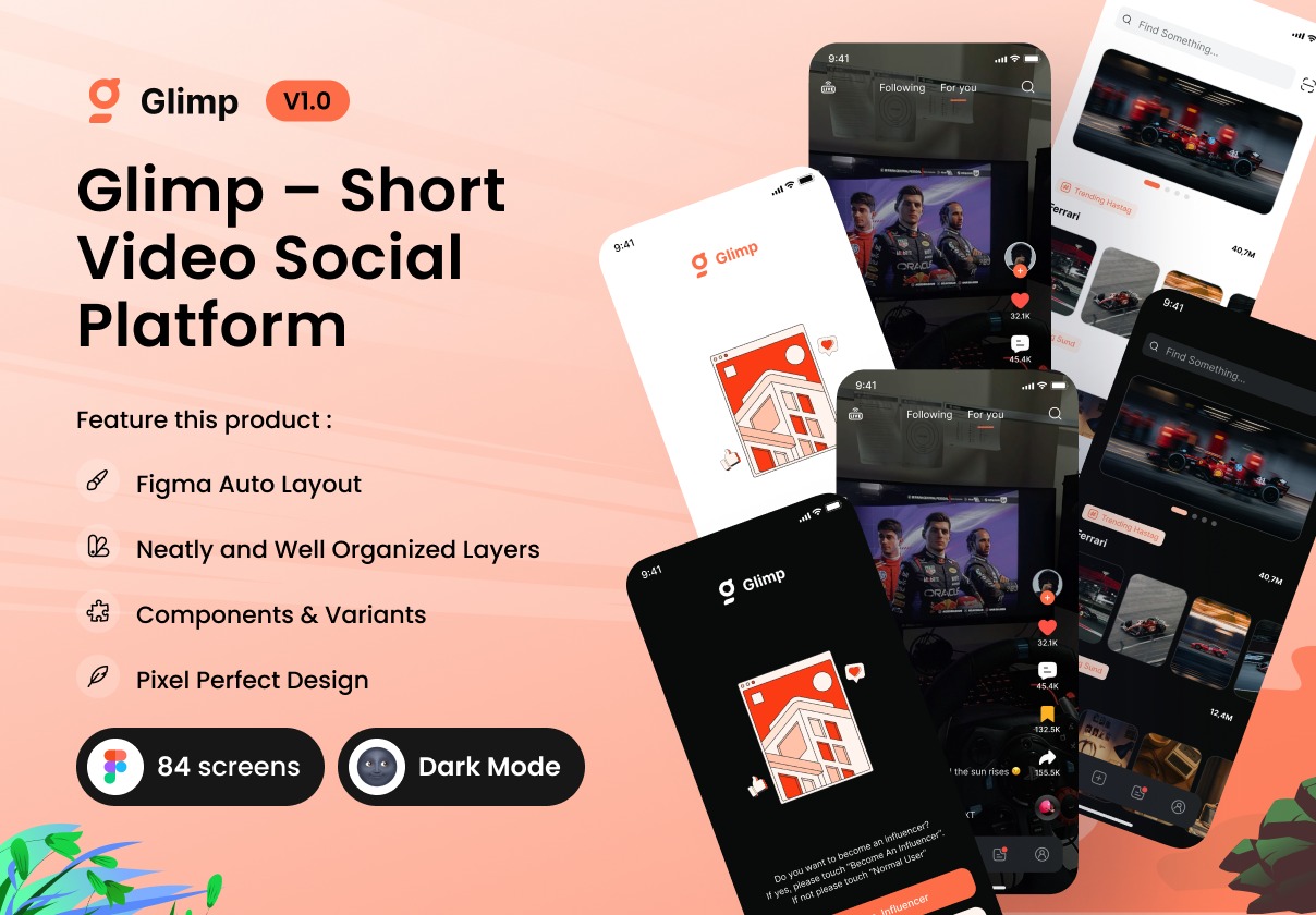 80+屏暗黑社区短视频录制剪辑合成app应用程序ui界面设计figma模板套件 Glimp – Short Video Social Platform (V1)特色图 80+屏暗黑社区短视频录制剪辑合成app应用程序ui界面设计figma模板套件 Glimp – Short Video Social Platform (V1)
