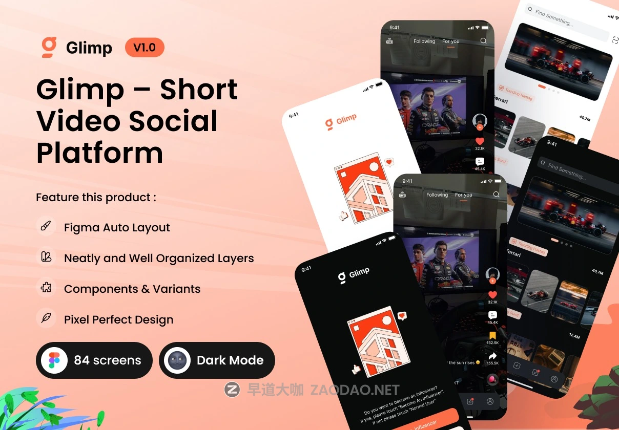 80+屏暗黑社区短视频录制剪辑合成app应用程序ui界面设计figma模板套件 Glimp – Short Video Social Platform (V1)插图 80+屏暗黑社区短视频录制剪辑合成app应用程序ui界面设计figma模板套件 Glimp – Short Video Social Platform (V1)插图