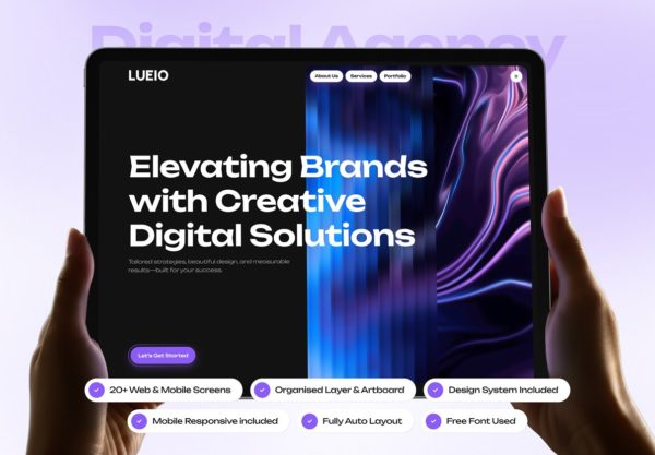 20+屏响应式网络科技数字信息设计展会艺术企业门户网站ui界面设计figma模板 LUEIO – Digital Agency Website UI Kit