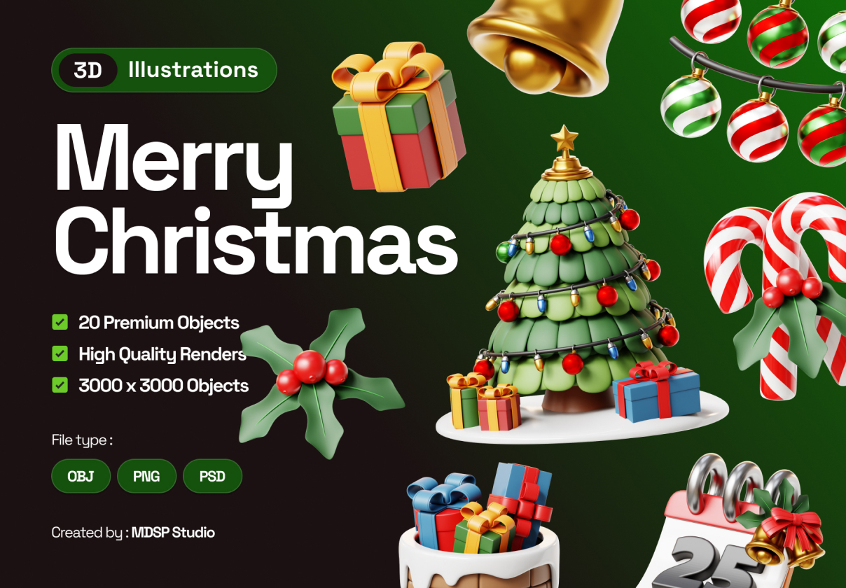20款质感圣诞节节日假日圣诞树球礼物装饰品3D立体图标插图设计obj/png免抠图素材 Merry Christmas 3D Illustrations特色图 20款质感圣诞节节日假日圣诞树球礼物装饰品3D立体图标插图设计obj/png免抠图素材 Merry Christmas 3D Illustrations