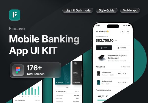 176+屏双配色金融科技银行电子钱包财务管理移动应用程序app ui界面设计figma模板 Mobile Banking App UI KIT – Finsave