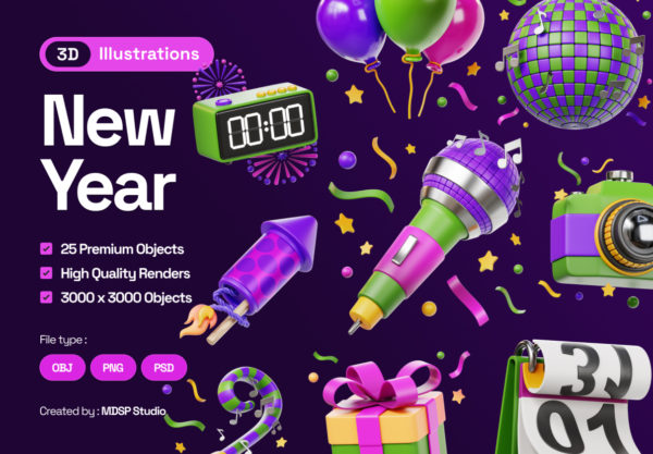 25款高级2026年新年庆祝派对3D立体图标icons插画png/obj格式设计素材 New Year 2026 3D Illustrations特色图 25款高级2026年新年庆祝派对3D立体图标icons插画png/obj格式设计素材 New Year 2026 3D Illustrations