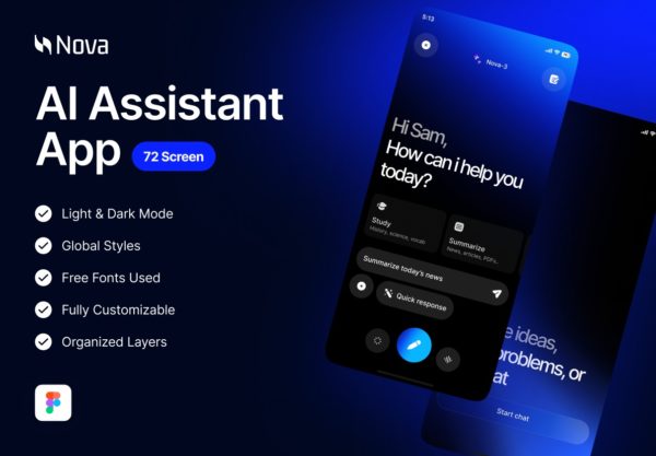 72屏双配色AI智能语音图片生成手机移动应用程序app ui界面设计figma模板 Nova – AI Assistant App特色图 72屏双配色AI智能语音图片生成手机移动应用程序app ui界面设计figma模板 Nova – AI Assistant App
