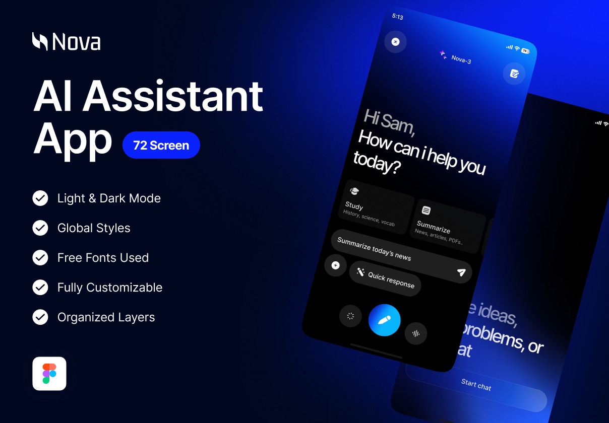 72屏双配色AI智能语音图片生成手机移动应用程序app ui界面设计figma模板 Nova – AI Assistant App特色图 72屏双配色AI智能语音图片生成手机移动应用程序app ui界面设计figma模板 Nova – AI Assistant App