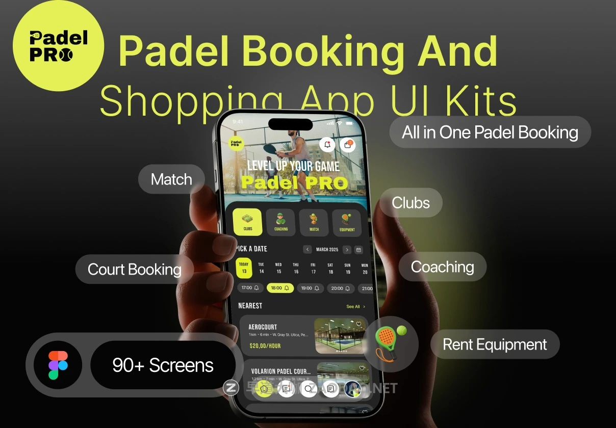 90+屏高级体育锻炼运动设施装备服装场地教练课程预定购买app应用程序ui界面设计figma模板 Padel Pro – Padel Booking & Shopping App UI Kit插图 90+屏高级体育锻炼运动设施装备服装场地教练课程预定购买app应用程序ui界面设计figma模板 Padel Pro – Padel Booking & Shopping App UI Kit插图