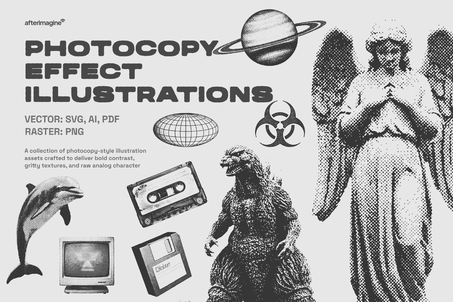 192款复古酸性半色调抽象几何图形物品雕像动物设备复印风格AI矢量图形设计素材 Photocopy Effect Illustrations Pack特色图 192款复古酸性半色调抽象几何图形物品雕像动物设备复印风格AI矢量图形设计素材 Photocopy Effect Illustrations Pack