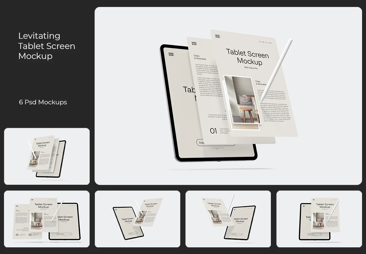 6款带手控笔手机ui界面广告设计iPad平板电脑展示效果图psd样机模板 Potrait Tablet Screen Mockup
