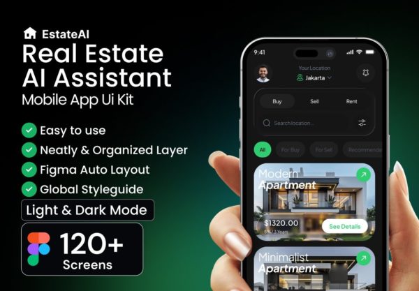 120+屏风格化AI智能房地产房屋出售租赁中介手机应用程序app界面设计figma模板ui套件 Real Estate AI Assistance Mobile App Ui kit特色图 120+屏风格化AI智能房地产房屋出售租赁中介手机应用程序app界面设计figma模板ui套件 Real Estate AI Assistance Mobile App Ui kit