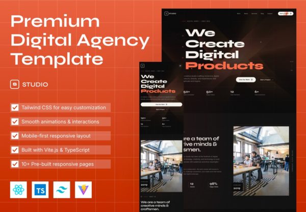 10+屏黑暗创意自主职业者工作室案例网站界面设计React源码模板素材 STUDIO – Premium Digital Agency Template