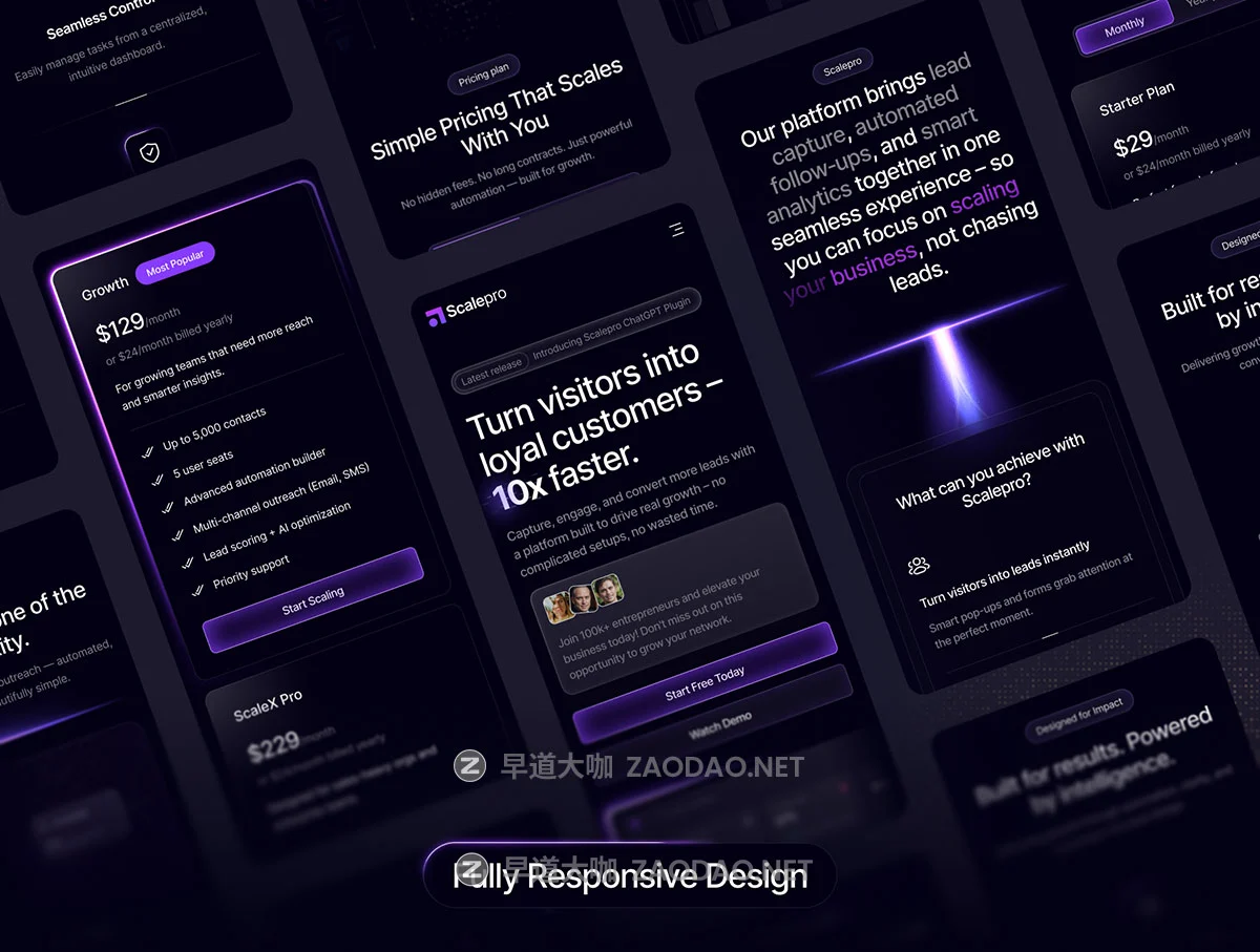 10屏AI智能暗黑SaaS定价订阅服务网站ui界面设计figma模板素材 Scalepro – Next-Gen SaaS Website Design Template插图5 10屏AI智能暗黑SaaS定价订阅服务网站ui界面设计figma模板素材 Scalepro – Next-Gen SaaS Website Design Template插图5