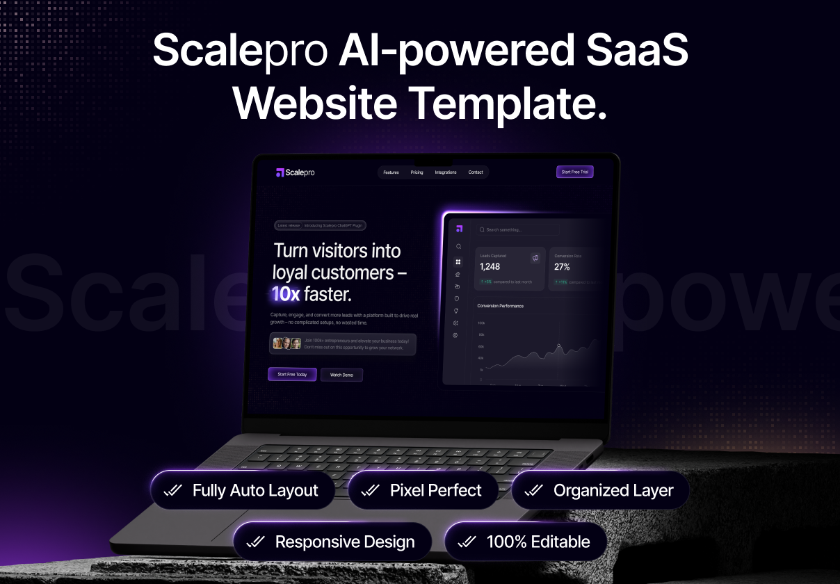 10屏AI智能暗黑SaaS定价订阅服务网站ui界面设计figma模板素材 Scalepro – Next-Gen SaaS Website Design Template特色图 10屏AI智能暗黑SaaS定价订阅服务网站ui界面设计figma模板素材 Scalepro – Next-Gen SaaS Website Design Template