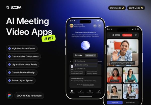 200+屏AI智能直播在线远程视频会议录音器app应用程序ui设计figma模板 Scora — AI Meeting Video Mobile Apps UI Kit特色图 200+屏AI智能直播在线远程视频会议录音器app应用程序ui设计figma模板 Scora — AI Meeting Video Mobile Apps UI Kit
