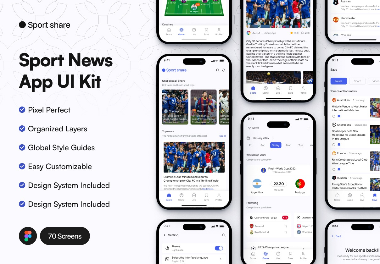 70屏双配色体育足球篮球赛事比分直播手机app ui界面设计figma模板套件 Sport News App UI Kit特色图 70屏双配色体育足球篮球赛事比分直播手机app ui界面设计figma模板套件 Sport News App UI Kit