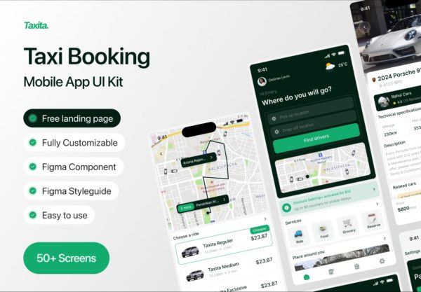 50+屏打车叫车出租车拼车共享汽车app手机移动应用程序ui界面设计figma格式素材套件 Taxita – Taxi Booking Mobile App UI Kit特色图 50+屏打车叫车出租车拼车共享汽车app手机移动应用程序ui界面设计figma格式素材套件 Taxita – Taxi Booking Mobile App UI Kit