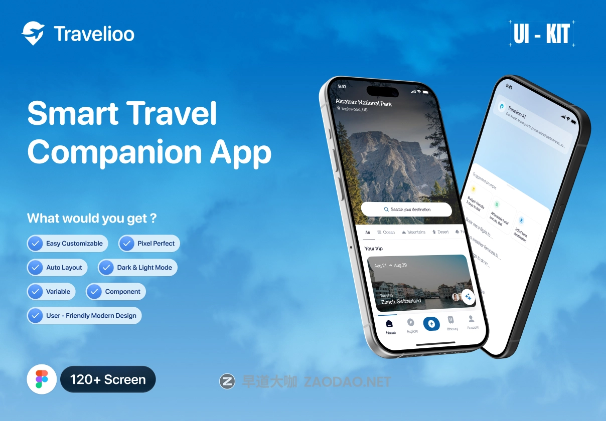 100+屏双配色旅行景点酒店航班机票行程规划预订应用app ui界面设计figma模板套件 Travellioo – Travel Companions Apps UI KIT插图 100+屏双配色旅行景点酒店航班机票行程规划预订应用app ui界面设计figma模板套件 Travellioo – Travel Companions Apps UI KIT插图