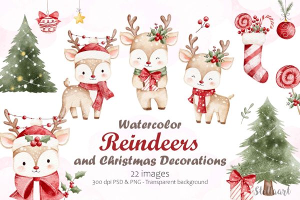 22款圣诞节小鹿松树糖果装饰品手绘水彩画png免抠图设计素材 Watercolor Reindeers and Christmas Decorations特色图 22款圣诞节小鹿松树糖果装饰品手绘水彩画png免抠图设计素材 Watercolor Reindeers and Christmas Decorations