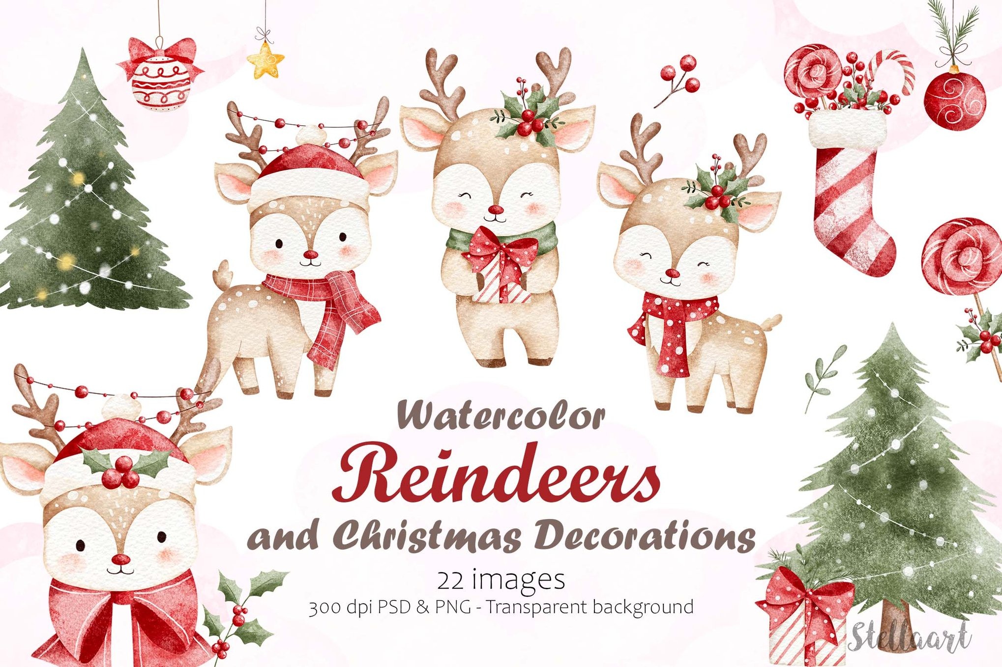 22款圣诞节小鹿松树糖果装饰品手绘水彩画png免抠图设计素材 Watercolor Reindeers and Christmas Decorations特色图 22款圣诞节小鹿松树糖果装饰品手绘水彩画png免抠图设计素材 Watercolor Reindeers and Christmas Decorations
