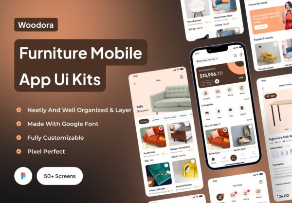 50+屏高级居家家具装饰品在线购买app界面设计figma模板ui套件素材 Woodora – Furniture Mobile App Ui Kits