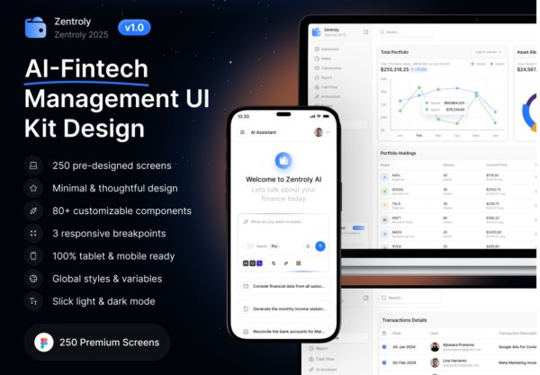 250屏响应式双配色金融科技理财投资银行后台仪表盘ui界面设计figma模板 Zentroly AI-Powered Fintech Web And Mobile UI Kit