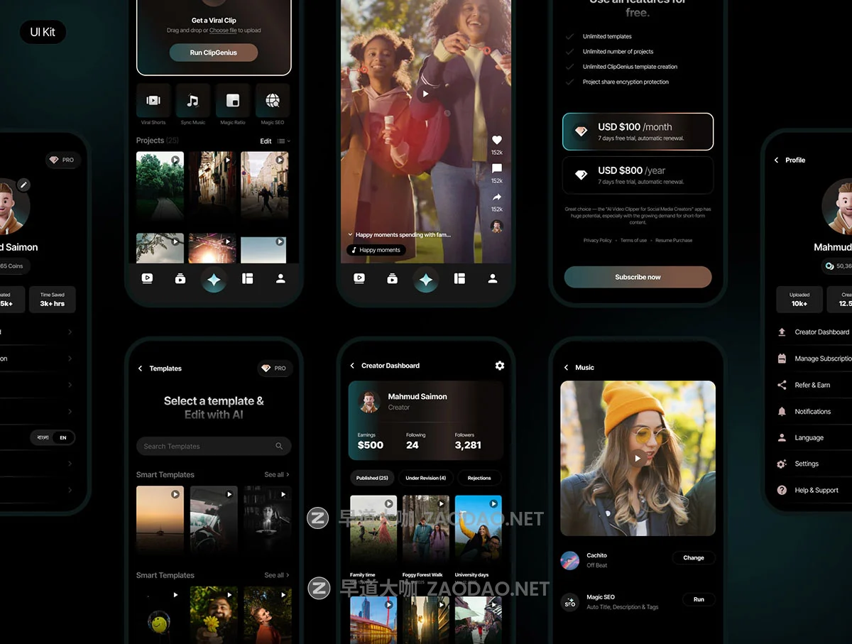 60+屏AI智能视频音频Vlog短视频剪辑创作app应用程序ui界面设计figma模板 ClipGenius – AI Viral Clip Editor & Shorts Platform插图3 60+屏AI智能视频音频Vlog短视频剪辑创作app应用程序ui界面设计figma模板 ClipGenius – AI Viral Clip Editor & Shorts Platform插图3