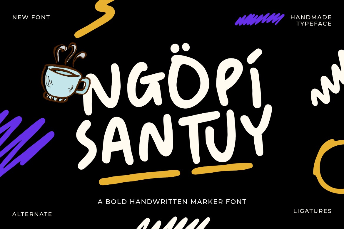 现代俏皮手绘品牌海报包装设计手写英文字体安装包 Ngopi Santuy – A Marker Font特色图 现代俏皮手绘品牌海报包装设计手写英文字体安装包 Ngopi Santuy – A Marker Font