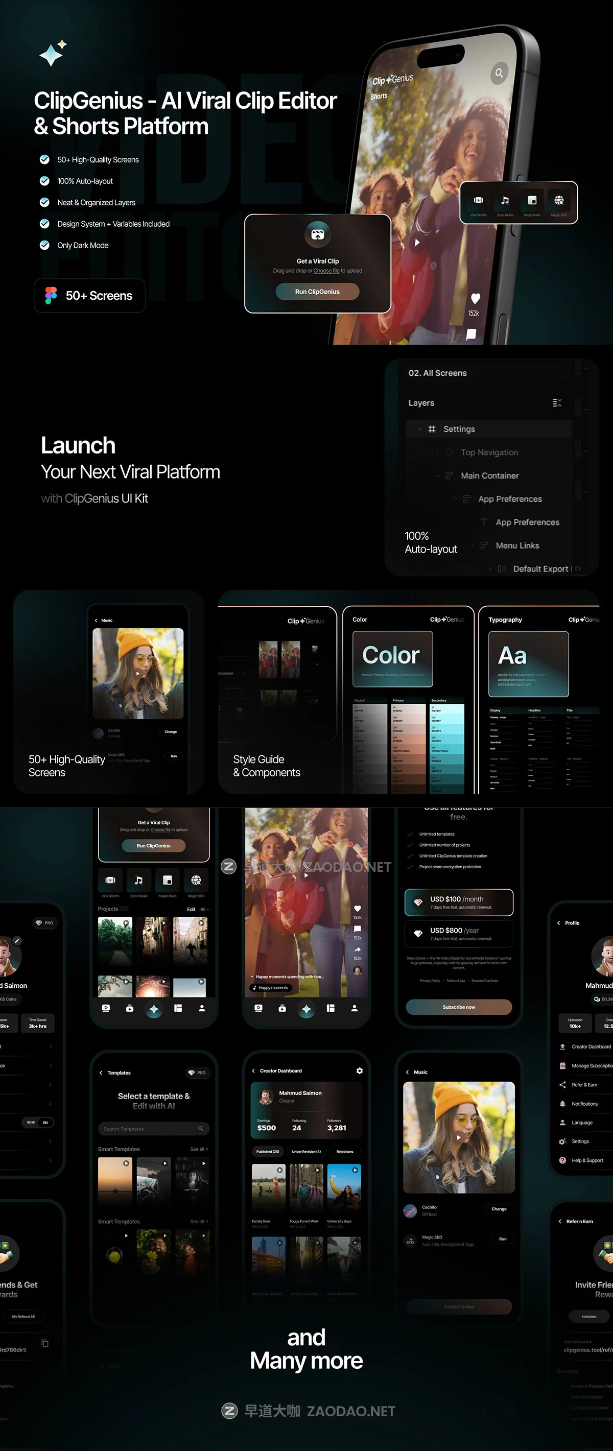 60+屏AI智能视频音频Vlog短视频剪辑创作app应用程序ui界面设计figma模板 ClipGenius – AI Viral Clip Editor & Shorts Platform插图4 60+屏AI智能视频音频Vlog短视频剪辑创作app应用程序ui界面设计figma模板 ClipGenius – AI Viral Clip Editor & Shorts Platform插图4