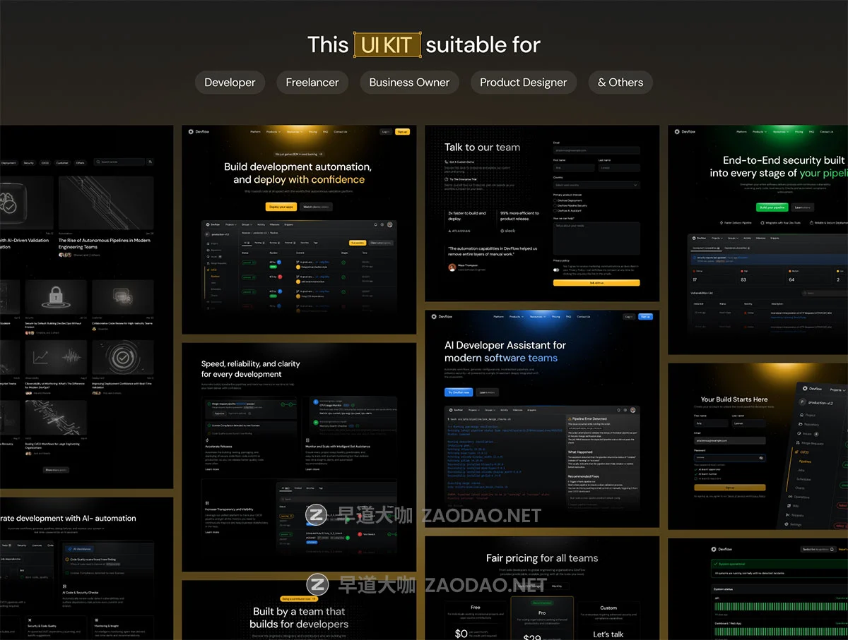 30+屏黑暗CI/CD平台AI 辅助解决方案SaaS服务平台网站ui界面设计figma模板套件 Devflow – SaaS Website UI Kit插图4 30+屏黑暗CI/CD平台AI 辅助解决方案SaaS服务平台网站ui界面设计figma模板套件 Devflow – SaaS Website UI Kit插图4