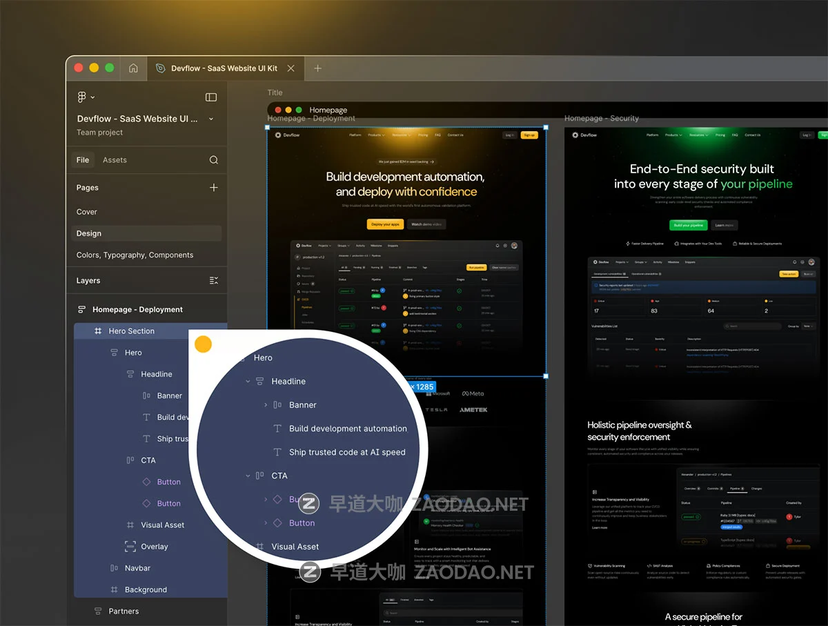 30+屏黑暗CI/CD平台AI 辅助解决方案SaaS服务平台网站ui界面设计figma模板套件 Devflow – SaaS Website UI Kit插图6 30+屏黑暗CI/CD平台AI 辅助解决方案SaaS服务平台网站ui界面设计figma模板套件 Devflow – SaaS Website UI Kit插图6