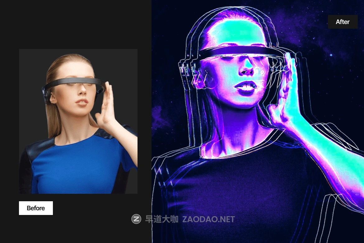 未来科幻全息扭曲霓虹灯光线条纹照片效果ps特效滤镜样机 Vivid Glitch Cyberpunk Photo Effect插图1 未来科幻全息扭曲霓虹灯光线条纹照片效果ps特效滤镜样机 Vivid Glitch Cyberpunk Photo Effect插图1